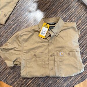 Carhartt Men's Khaki Shirt Short Sleeve Rugged Flex Relaxed Fit Tan Professional